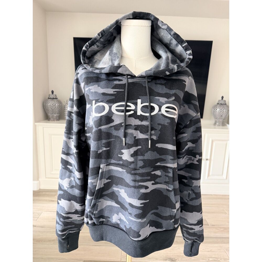 bebe Sport Black Gray Camo Pullover Hoodie NWT Size M